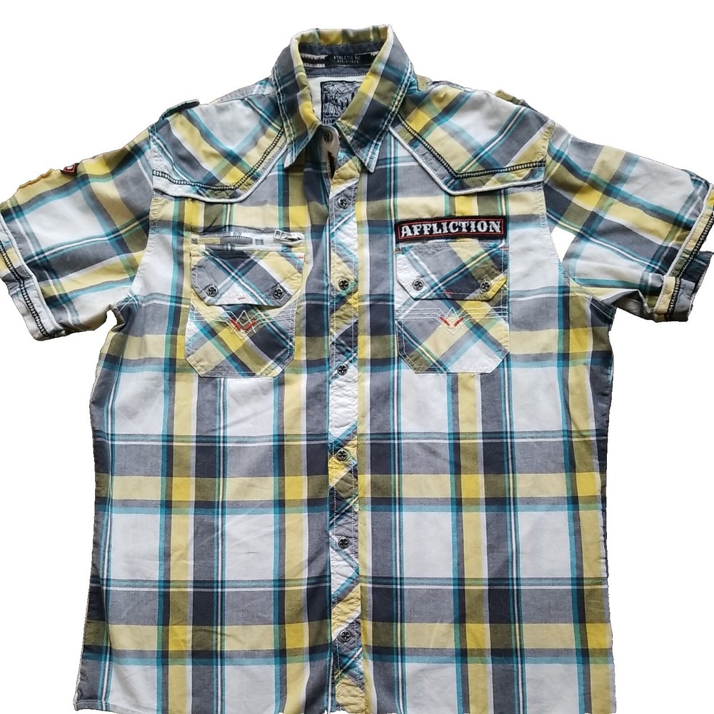Affliction Mens Athletic Fit Plaid Short Sleeve Button Up Shirt Black‎ Premium L